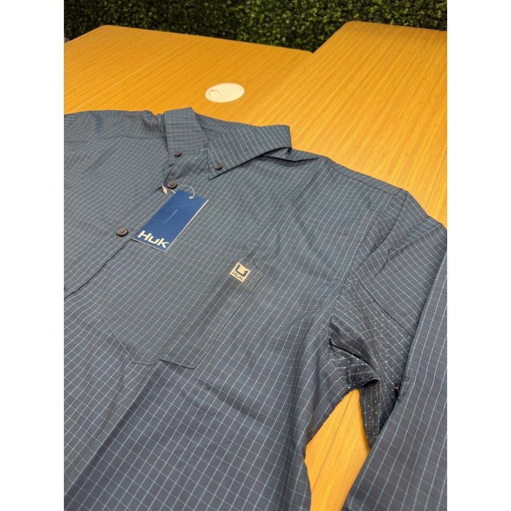 Men's Huk Fishing Citadel Plaid Teaser Long Sleeve Button XL  Striped Blue - Picture 2 of 7